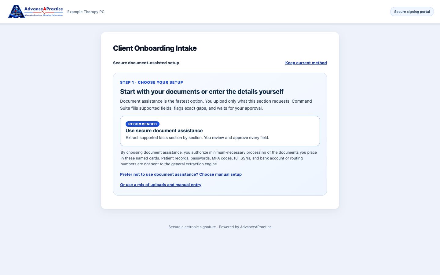 Command Suite onboarding screen offering secure document assistance, manual setup, or a mix of both.