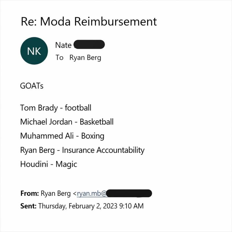 Client email praising AdvanceAPractice for Moda reimbursement results