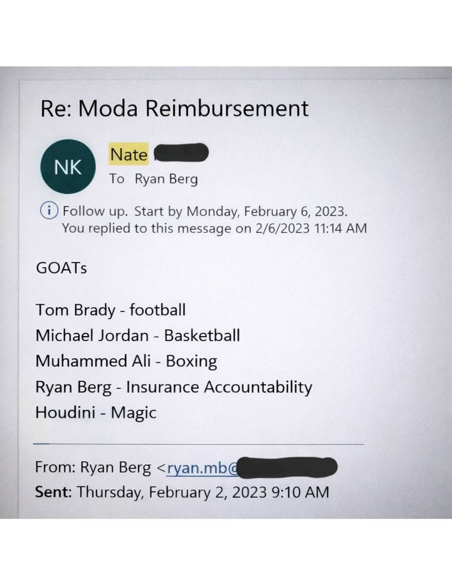 Comment from an impressed PMHNP praising Ryan Berg's accountability in a Moda reimbursement email thread