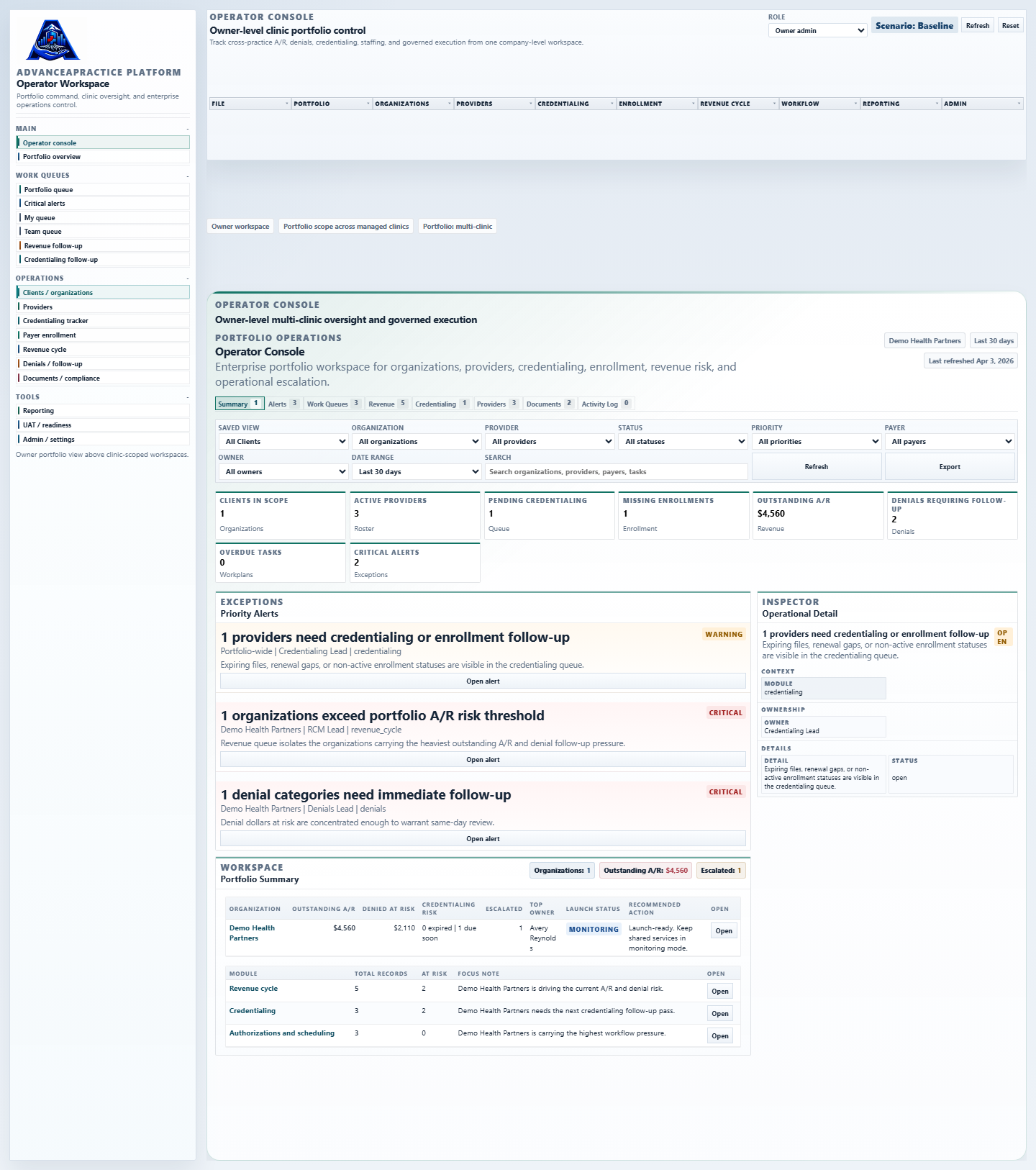 AdvanceAPractice operator console screenshot