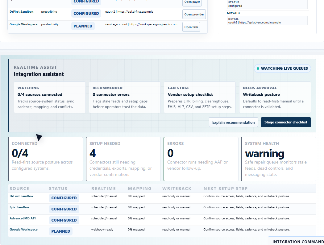 Integration command center showing EHR and billing source systems, connector posture, sync status, mapping coverage, and setup steps.