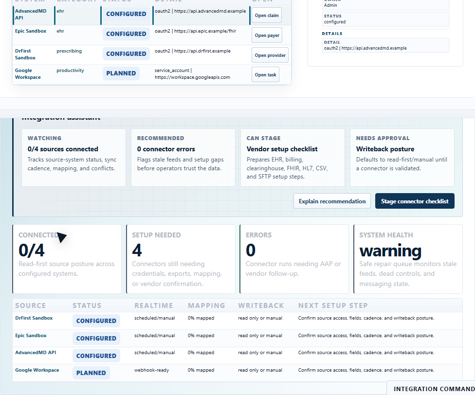 Integration command center showing EHR and billing source systems, connector posture, sync status, mapping coverage, and setup steps.