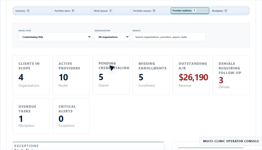 Multi-clinic operator console with portfolio KPIs, clinic risk, credentialing blockers, integration posture, and recommended actions.
