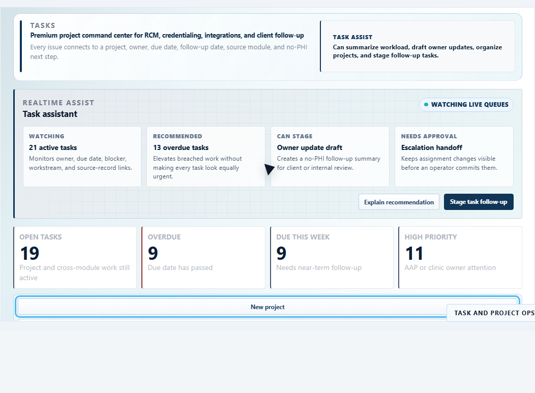 Task and project operations workspace with blockers, decisions, owners, due dates, and linked revenue cycle and credentialing work.