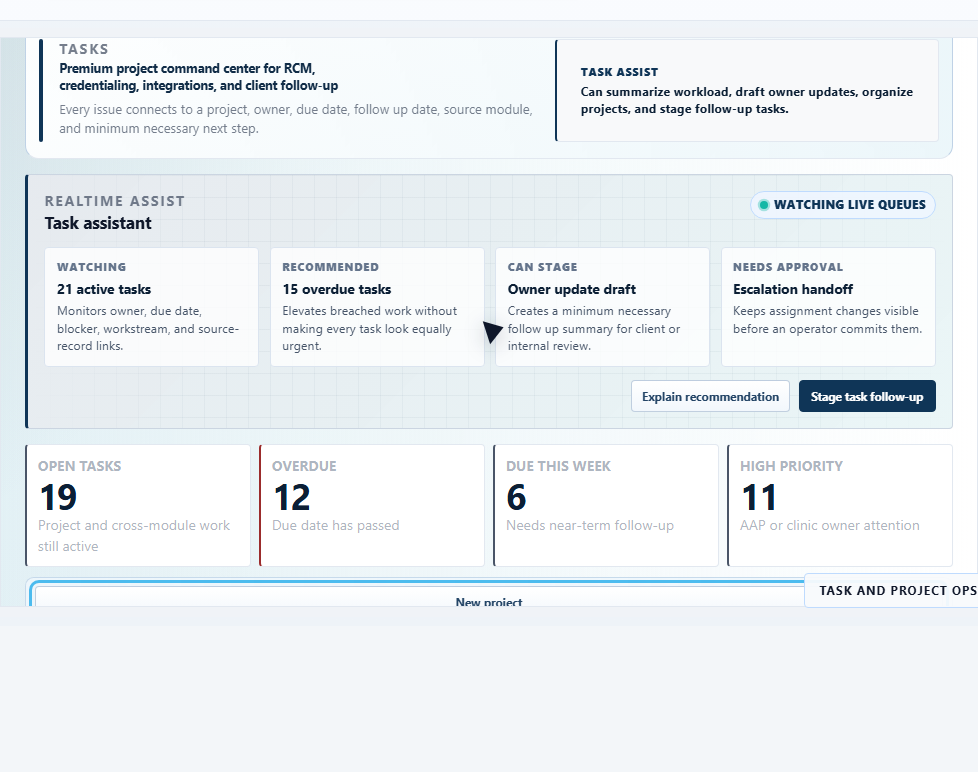 Task and project operations workspace with blockers, decisions, owners, due dates, and linked revenue cycle and credentialing work.