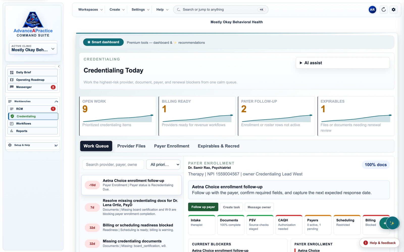 AdvanceAPractice Command Suite Credentialing Hub tracking provider enrollment, CAQH, and payer panel status