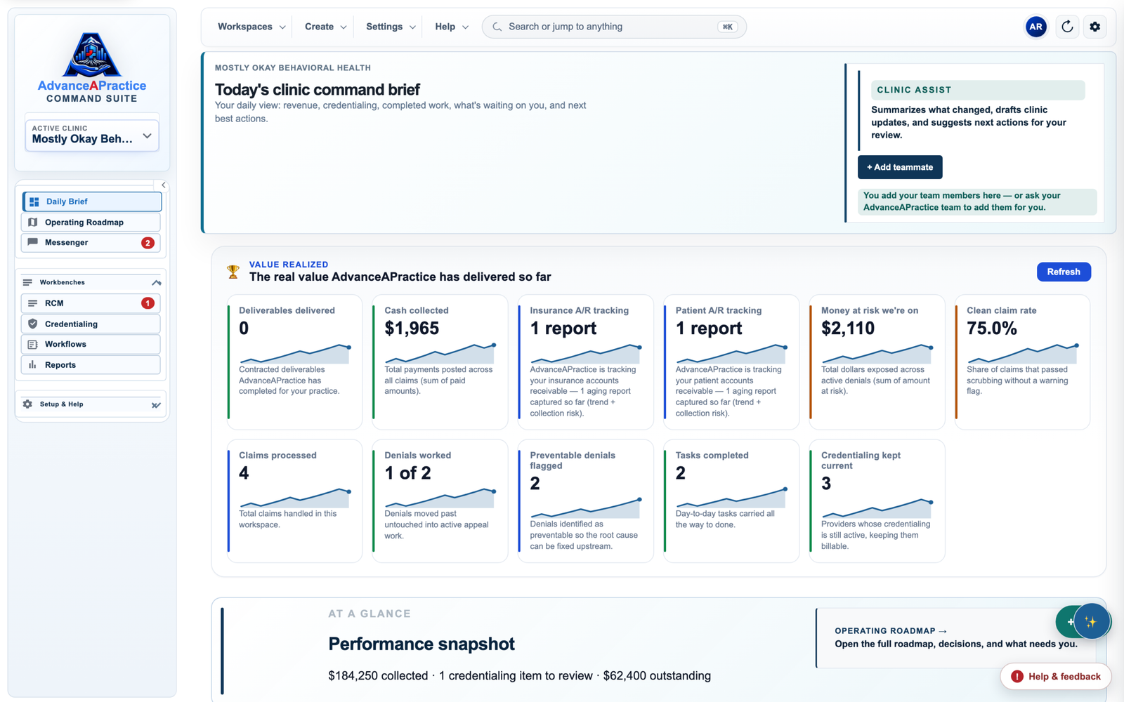 AdvanceAPractice Command Suite — the clean operating dashboard for behavioral health billing, credentialing, and operations