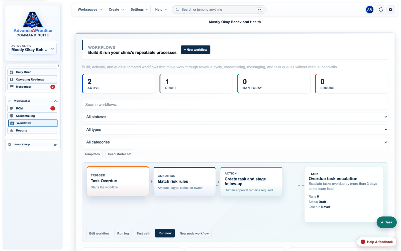 AdvanceAPractice Command Suite Task & Project Ops board tracking workflows, blockers, and accountability