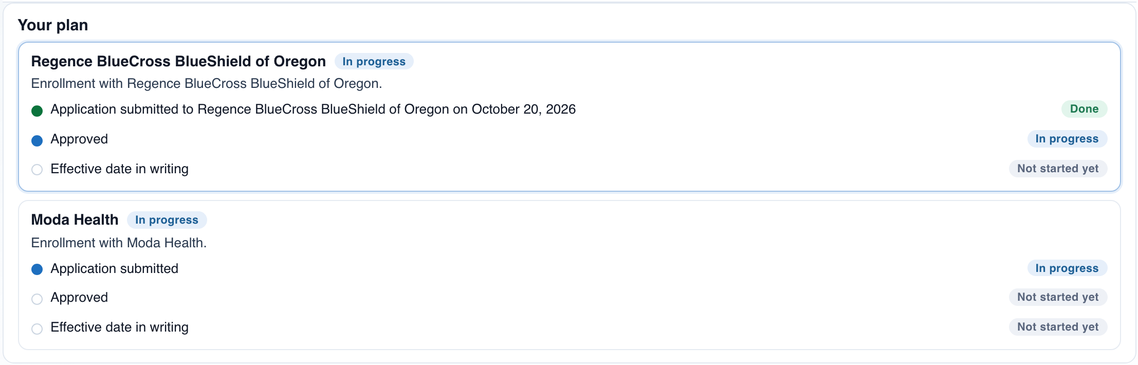 Per payer steps in the Command Suite: application submitted with its date, approved, and effective date in writing.