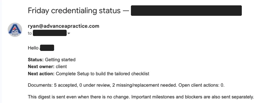 Friday credentialing status email showing status, next owner, next action and document counts, with the client name redacted
