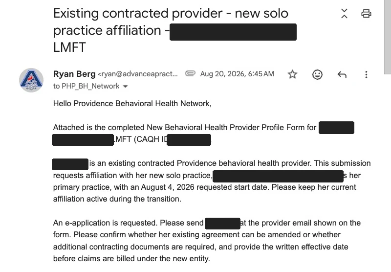 Email from AdvanceAPractice to Providence Behavioral Health Network submitting a provider profile form for a new solo practice, with the provider's name redacted