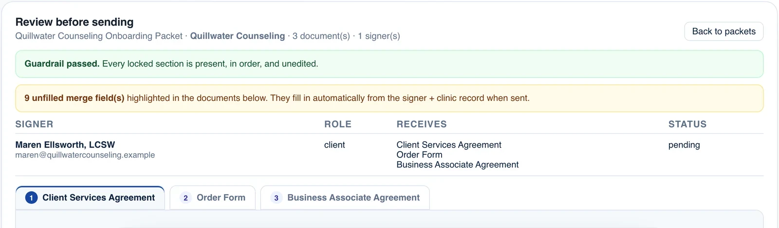Packet review screen listing the Client Services Agreement, Order Form and Business Associate Agreement for one signer
