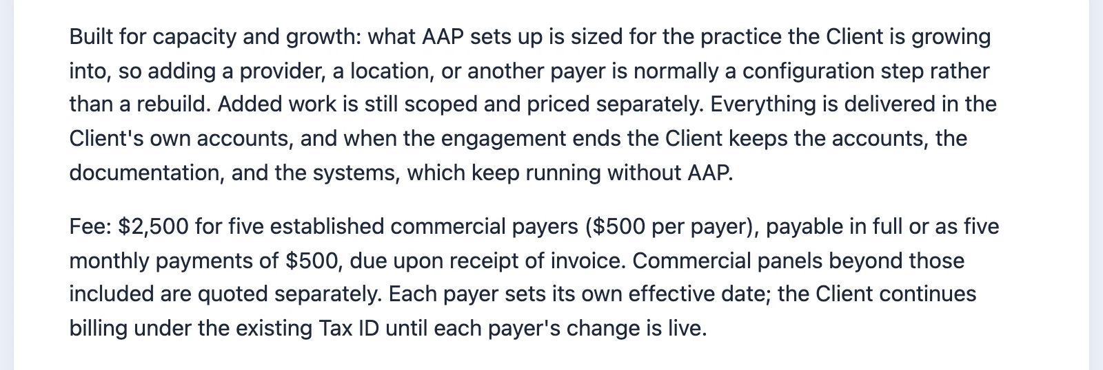 Order Form text stating the fee for five commercial payers and the monthly payment option