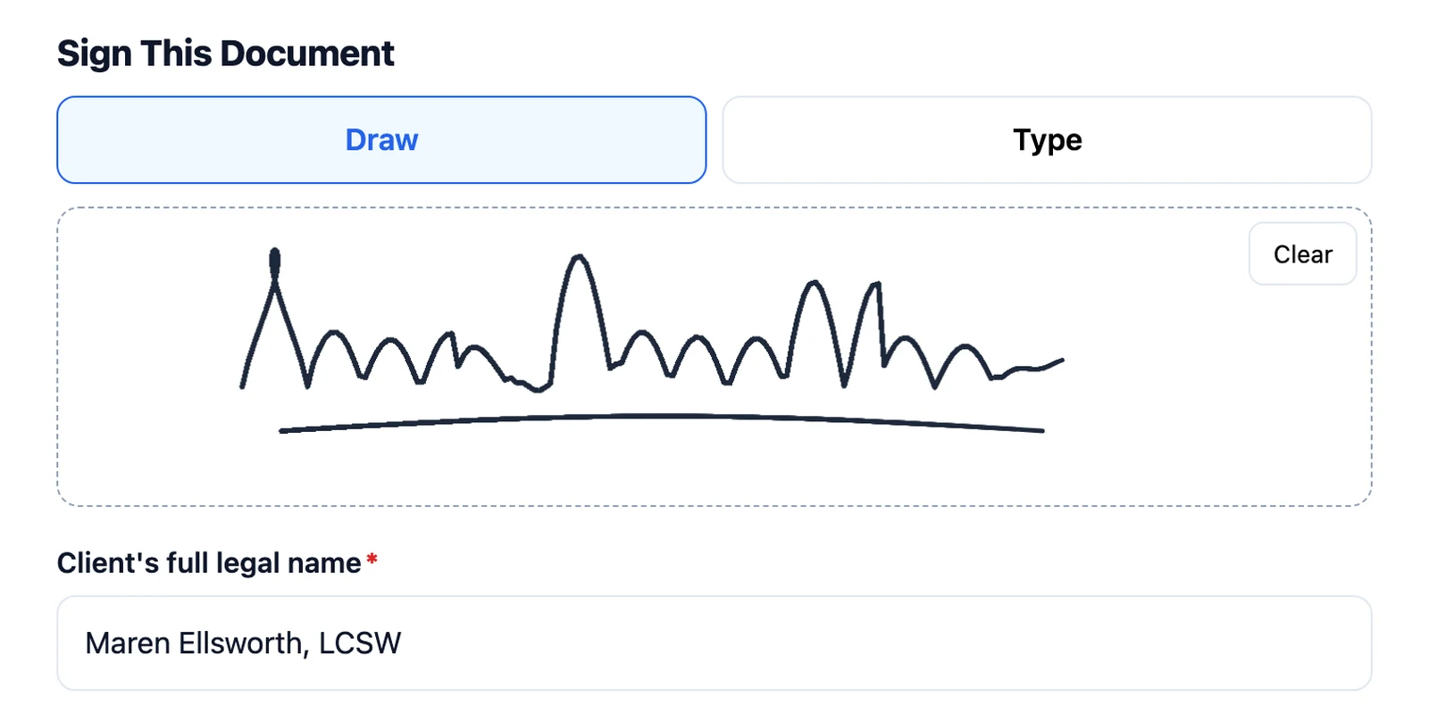 Secure signing page with a drawn signature and the client's full legal name