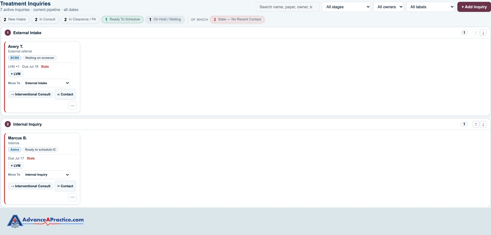 Referral pipeline with stages and stale contact flags