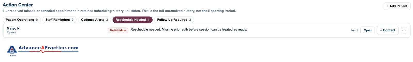 Reschedule list showing a missed visit that needs prior authorization