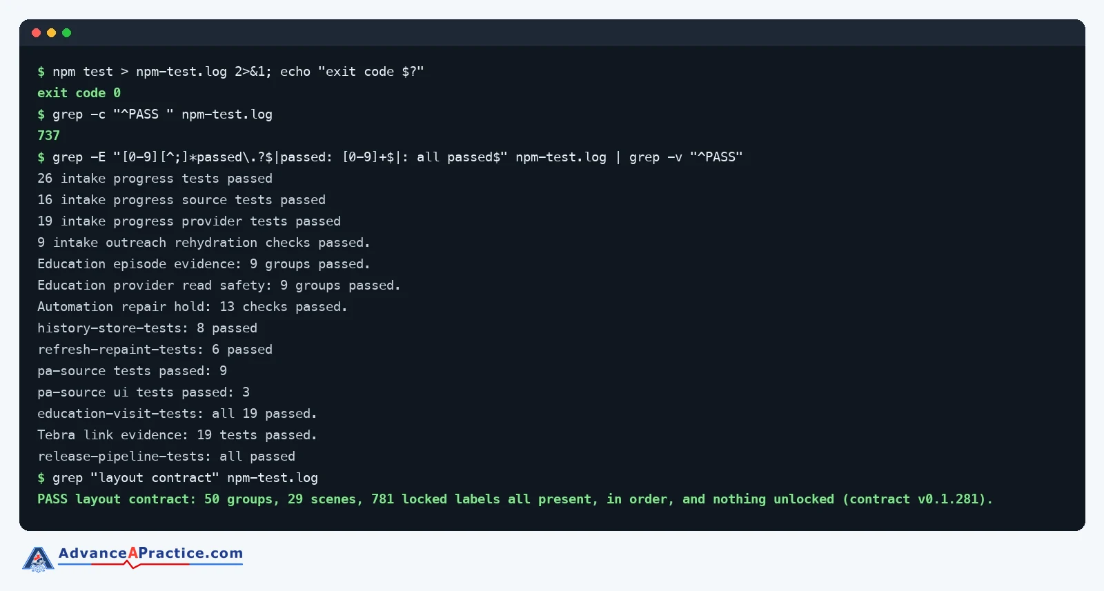 Terminal showing the scheduler test suite passing with 737 checks