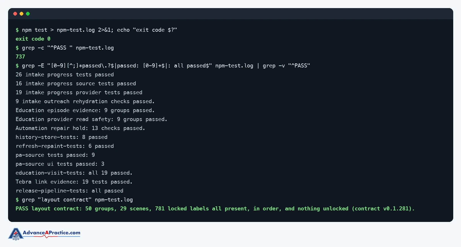 Terminal showing the scheduler test suite passing with 737 checks